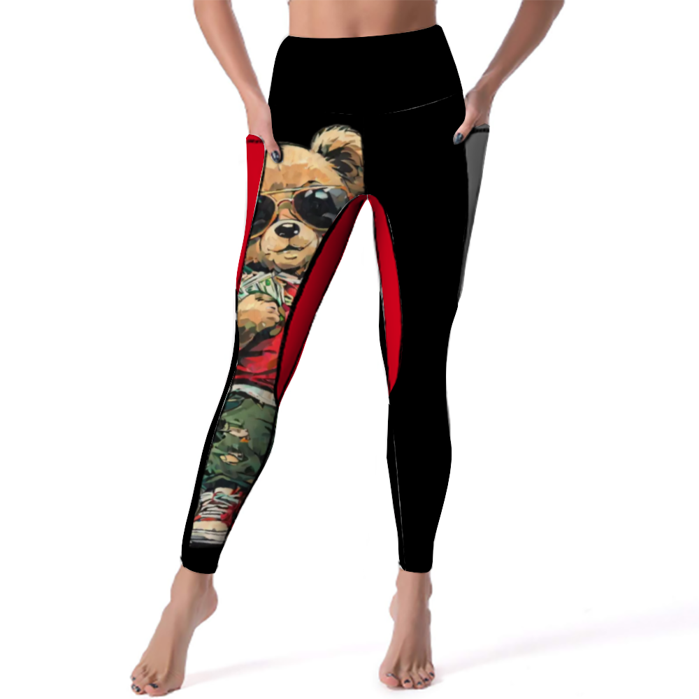 Kamali Brand © USA Custom "Kool Teddy" Collection Women's All Over Printed High Waist Yoga Skinny Pants