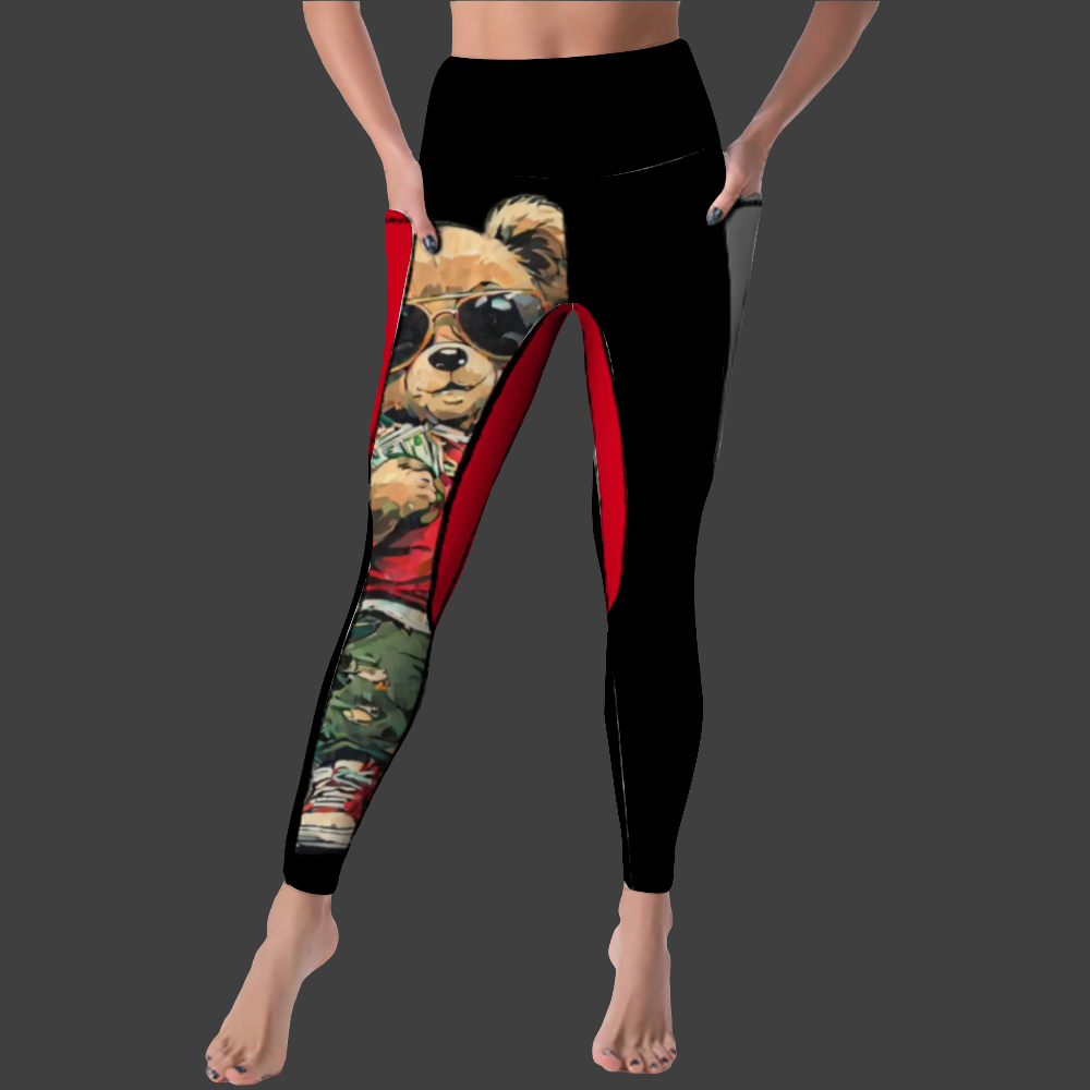 Kamali Brand © USA Custom "Kool Teddy" Collection Women's All Over Printed High Waist Yoga Skinny Pants