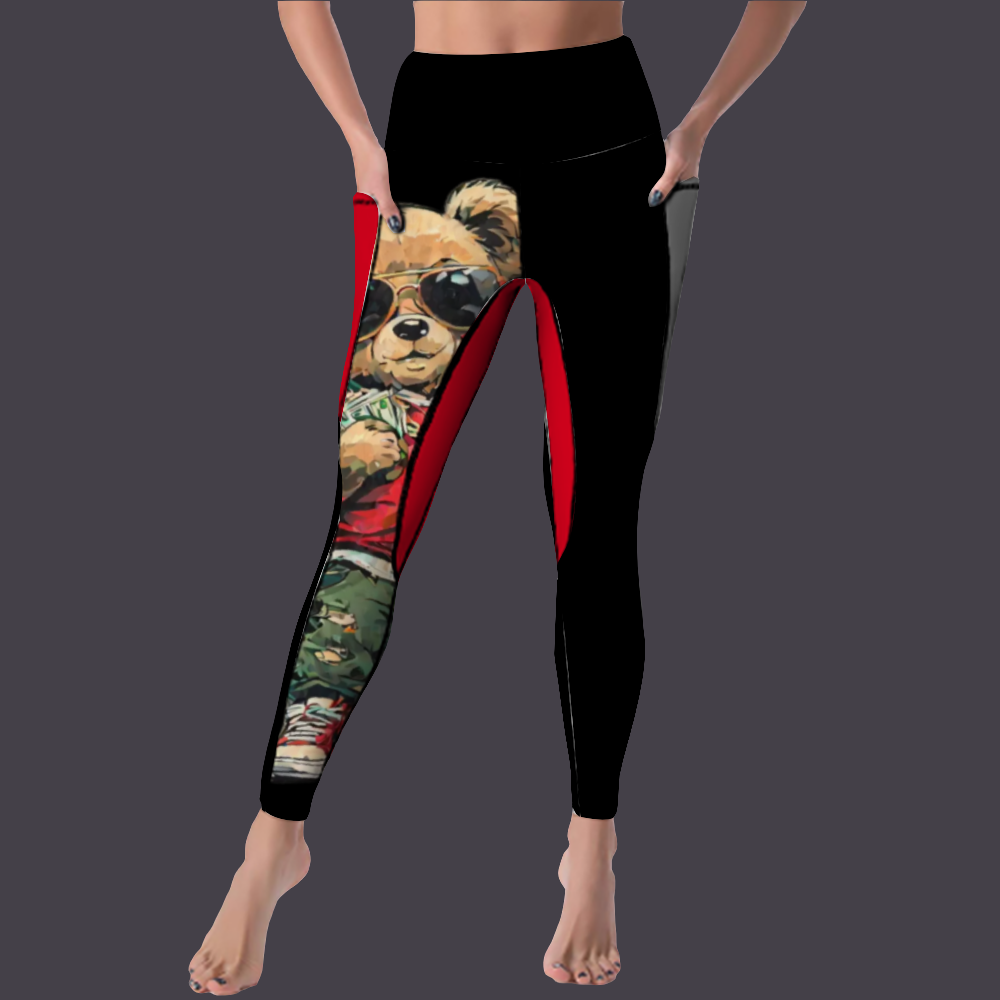 Kamali Brand © USA Custom "Kool Teddy" Collection Women's All Over Printed High Waist Yoga Skinny Pants