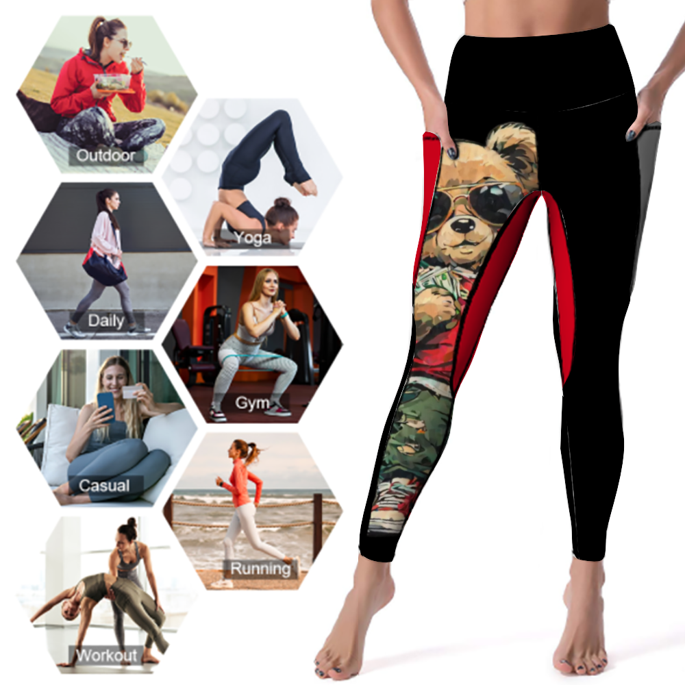 Kamali Brand © USA Custom "Kool Teddy" Collection Women's All Over Printed High Waist Yoga Skinny Pants