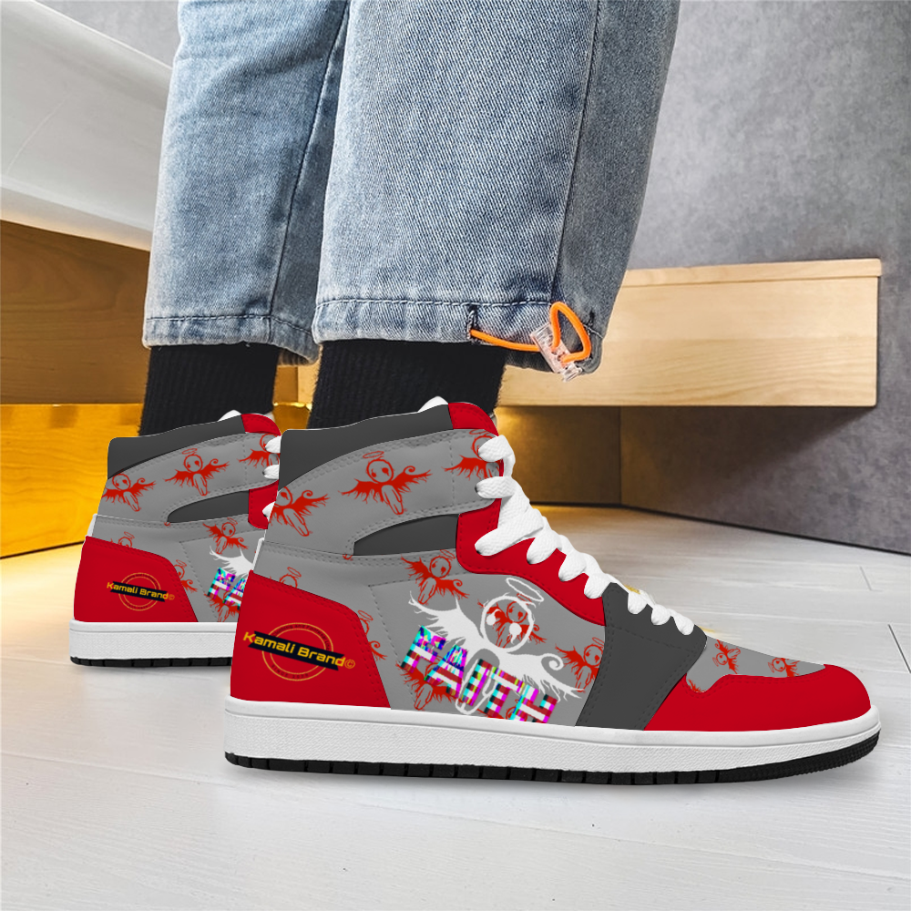 Kamali Brand© USA "Imperfect Angel Faith" Edition Custom Street Sneakers (Red/Grey/White)